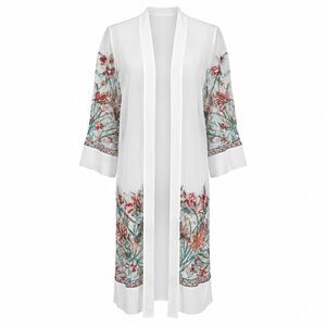NWT Wo Wo Shear Kimono Women's XL White Embroidered Floral Mesh Cover Up Boho